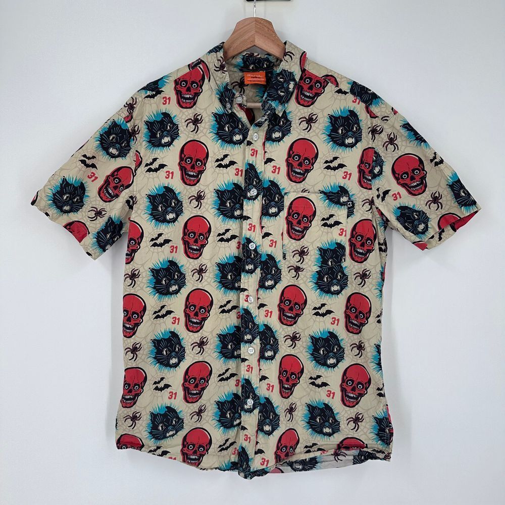 Beistle Simply Spooky Button Up Shirt Men's Small Cotton Cats Skulls Spiders - Picture 1 of 9
